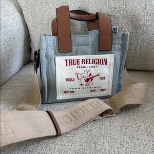 True Religion Denim mini Tote Bag in Light Blue with Tan Accents